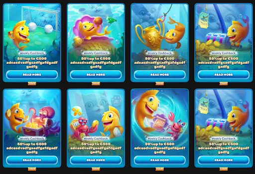 Collage colorido de ocho tarjetas promocionales con un pez dorado y personajes marinos presentando ofertas de cashback semanal en un entorno de casino submarino.