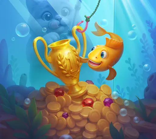 Pez dorado sonriente abraza un trofeo con número 1 sobre una montaña de monedas y gemas en un acuario; un gato observa desde fuera.
