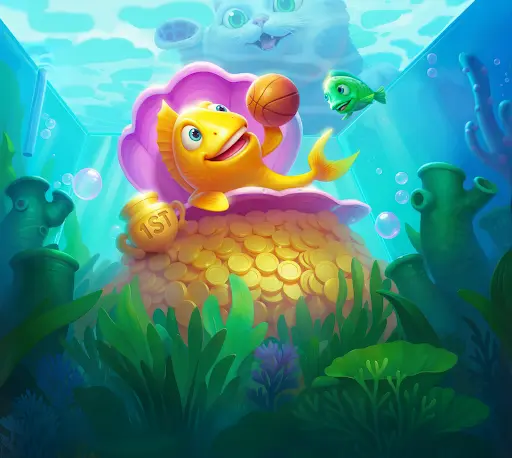 Pez dorado alegre con un balón sobre un trono de concha y monedas en un acuario; a su lado un trofeo “1st”, un pez verde y un gato observando desde fuera.