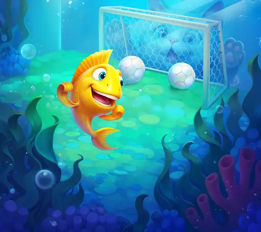 Pez dorado feliz jugando al fútbol bajo el agua frente a una portería con dos balones, mientras un gato observa desde fuera del acuario.